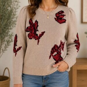 BOG Collective Botanical Print Sweater S‎ Beige Red Puff Sleeve Cottagecore Fall